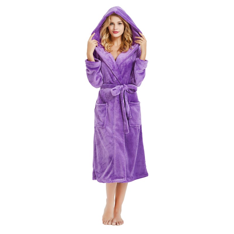 HEARTNICE Womens Hooded Fleece Robe, Soft Plush Bathrobe for Womens, Fluffy Cute Long House Coat (Violet Hooded, 2XL/3XL) - Image 1